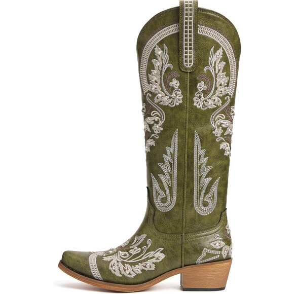 Women's Green Embroidered Rhinestones Knee High Pointed Toe Cowgirl Boots - Picture 2 of 6